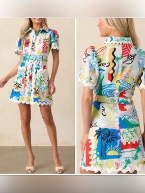 PROSPERINA BEATRICE MULTI TROPICAL
PRINT LINEN BELTED MINI DRESS size Medium
